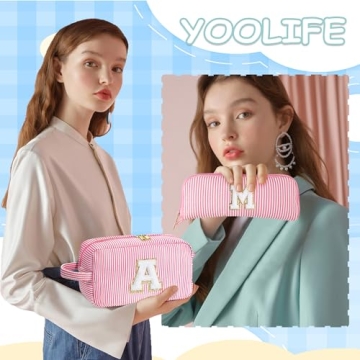 YOOLIFE Travel Cosmetic Bag for Women - Monogram Initial Cute Pink Makeup Bags Cosmetic Toiletry Pou...