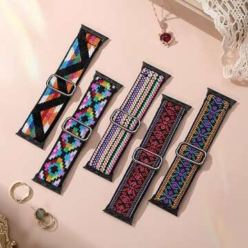 Easuny 5 Pack Stretchy Bands Compatible with Apple Watch 38mm 40mm 41mm 42mm 44mm 45mm 46mm 49mm Women, Elastic Fabric Nylon Strap Wristband for iWatch SE Series 10 9 8 7 6 5 4 3 Ultra Boho Solo Loop