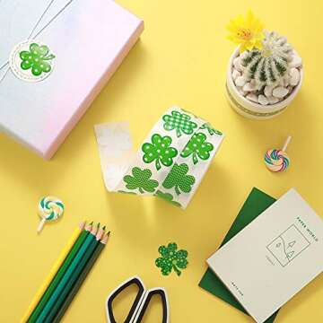 Zonon 1000 Pieces St Patrick's Day Stickers Roll 1.5 Inch Irish Shamrock Labels Clover Themed Stickers Self Adhesive Tag Seals Stickers for Bags Boxes Wrap Cards Party Decoration Supplies