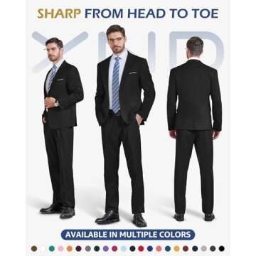 YND Men's Slim Fit 2 Piece Suit, One Button Jacket Pants Set with Tie, Solid Party Wedding Dress Bla...