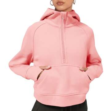 LASLULU Womens Cropped Hoodies Sport Athletic Zip Up Hoodie Sweater Fleece Lined Sweatshirt Long Sleeve Pullover Fall Fashion 2024 Pockets(Pink Large)