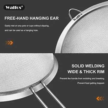 Walfos Fine Mesh Strainers Set, Premium Stainless Steel Colanders and Sifters, with Reinforced Frame Sturdy Handle, Perfect for Sift, Strain, Drain Rinse Vegetables, Pastas Tea - 3 Sizes