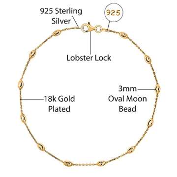 Savlano 18K Gold Plated Over 925 Sterling Silver Station Oval Moon Bead Anklet Chain