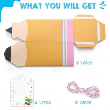 Sinasasspel Back to School Pencil Treat Boxes with Gift Tags - Set of 12 for Teacher Appreciation
