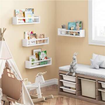 Fixwal Nursery Book Shelves, 16.5 Inch Floating Bookshelves for Nursery & Playroom, Set of 4, Solid Wood Wall Mounted Shelves for Books, Toys and Decor Storage (White)