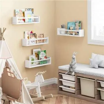 Fixwal Nursery Book Shelves, 16.5 Inch Floating Bookshelves for Nursery & Playroom, Set of 4, Solid Wood Wall Mounted Shelves for Books, Toys and Decor Storage (White)