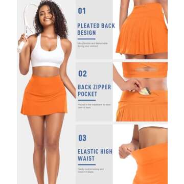 Pleated Tennis Skirts for Women High Waisted Athletic Golf Skorts with Pockets Shorts Running Workout Clothes (Orange, L)