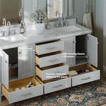 ARIEL Double Bathroom Vanity 73" Grey with 1.5" Edge Pure White Quartz Countertop & Splash, Rectangular Sinks, 4 Soft Closing Doors, 6 Full Extension Dovetail Drawers, Brushed Nickel