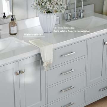 ARIEL Double Bathroom Vanity 73" Grey with 1.5" Edge Pure White Quartz Countertop & Splash, Rectangular Sinks, 4 Soft Closing Doors, 6 Full Extension Dovetail Drawers, Brushed Nickel