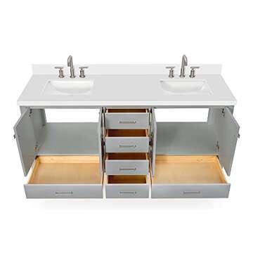 ARIEL Double Bathroom Vanity 73" Grey with 1.5" Edge Pure White Quartz Countertop & Splash, Rectangular Sinks, 4 Soft Closing Doors, 6 Full Extension Dovetail Drawers, Brushed Nickel