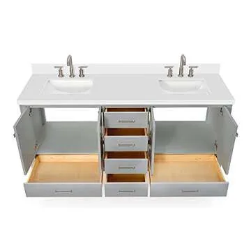 ARIEL Double Bathroom Vanity 73" Grey with 1.5" Edge Pure White Quartz Countertop & Splash, Rectangular Sinks, 4 Soft Closing Doors, 6 Full Extension Dovetail Drawers, Brushed Nickel