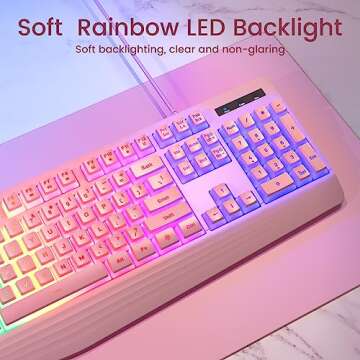 Pink Creamy Keyboard, Rainbow LED Backlit, 104 Keys Silent Light Up Gaming Keyboard with Wrist Rest,...