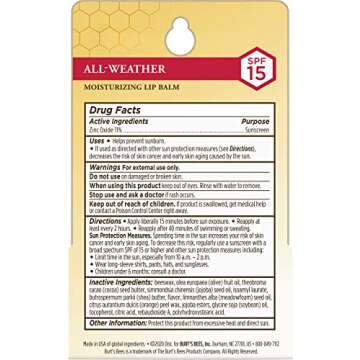 Burt's Bees All Weather SPF 15 Lip Balm, Water-Resistant Lip Moisturizer, Tint-Free, Natural Conditioning Treatment, 2 Tubes, 0.15 oz.