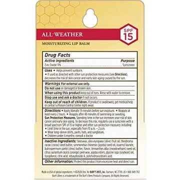 Burt's Bees All Weather SPF 15 Lip Balm, Water-Resistant Lip Moisturizer, Tint-Free, Natural Conditioning Treatment, 2 Tubes, 0.15 oz.