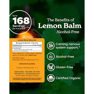 Herb Pharm Certified Organic Lemon Balm Liquid Extract for Calming Nervous System Support, Alcohol-Free Glycerite, 4 Ounce