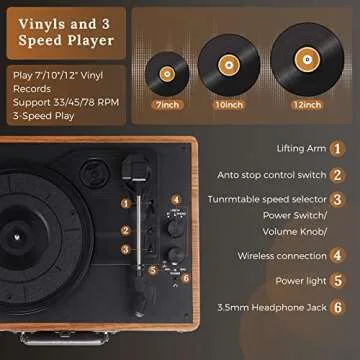 Asmuse Vinyl Record Player - Portable 3 Speed Turntable