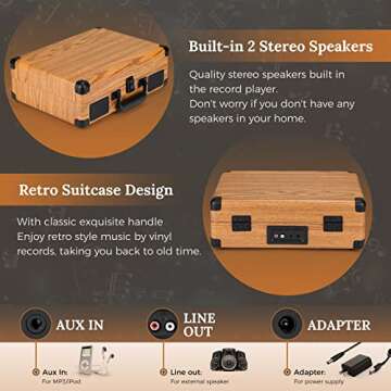 Asmuse Vinyl Record Player - Portable 3 Speed Turntable
