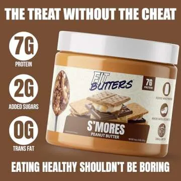 Fit Butters S'Mores Peanut Butter Spread - Added Protein and Coconut Oil, Low Carb, Low Sugar, Complete Protein Dessert Flavored Nut Butter