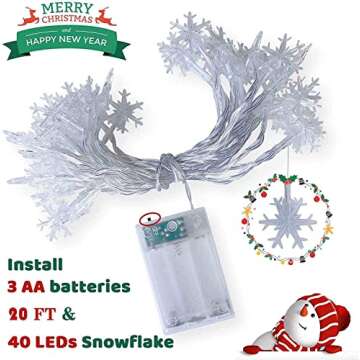 Christmas Snowflake String Lights, 20ft 40 LED Fairy Lights Battery Operated Waterproof Twinkle Lighting Indoor Outdoor Decorations for Bedroom Party Patio Room Garden Home Xmas Tree Decor (White)