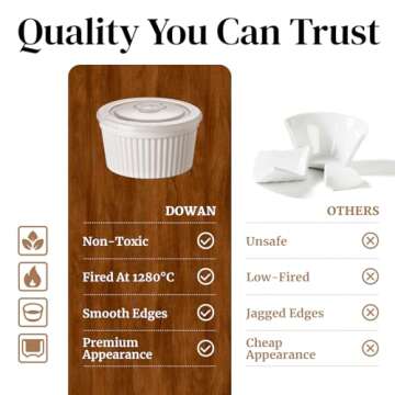 DOWAN Ramekins 8 oz Oven Safe with Lids, Creme Brulee Ramekins Bowls, Porcelain Ramiken Souffle Dishes, Custard Cups for Baking, Small Bowls for Pudding Dip Sauces Charcuterie Dessert, White, Set of 6