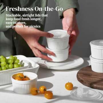 DOWAN Ramekins 8 oz Oven Safe with Lids, Creme Brulee Ramekins Bowls, Porcelain Ramiken Souffle Dishes, Custard Cups for Baking, Small Bowls for Pudding Dip Sauces Charcuterie Dessert, White, Set of 6