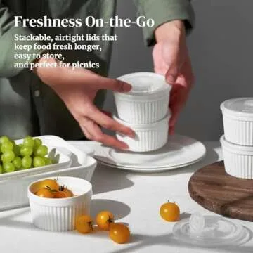 DOWAN Ramekins 8 oz Oven Safe with Lids, Creme Brulee Ramekins Bowls, Porcelain Ramiken Souffle Dishes, Custard Cups for Baking, Small Bowls for Pudding Dip Sauces Charcuterie Dessert, White, Set of 6