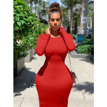 XXTAXN Women's Sexy Bodycon Long Sleeve Round Neck Midi Dress in Red