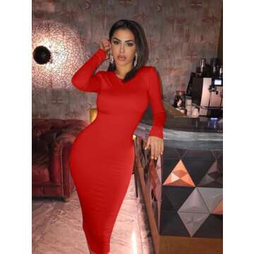 XXTAXN Women's Sexy Bodycon Work Midi Dress in Red