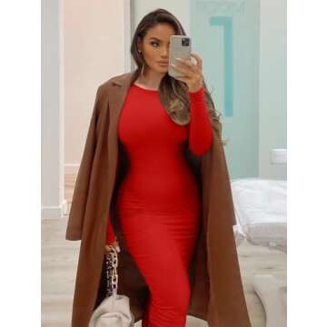 XXTAXN Women's Sexy Bodycon Work Midi Dress in Red