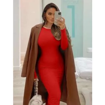 XXTAXN Women's Sexy Bodycon Work Midi Dress in Red