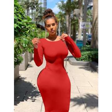 XXTAXN Women's Sexy Bodycon Work Midi Dress in Red