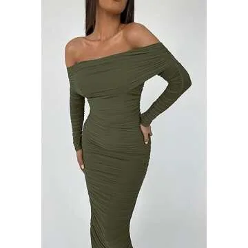 PRETTYGARDEN Women's Fall Off Shoulder Maxi Bodycon Dress Long Sleeve Ruched Fitted Club Dresses with Slit (Army Green,Medium)