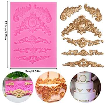 Rainmae 5 Pcs Baroque Style Curlicues Scroll Lace Fondant Silicone Mold, Relief Flower Lace Mould Fi...