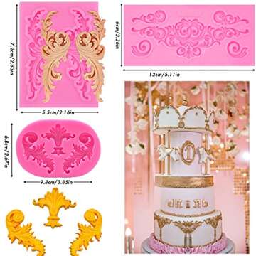 Rainmae 5 Pcs Baroque Style Curlicues Scroll Lace Fondant Silicone Mold, Relief Flower Lace Mould Filigree Mold 3D Sculpted Decoration, Cupcake Topper, Jewelry, Polymer Clay, Crafting Projects