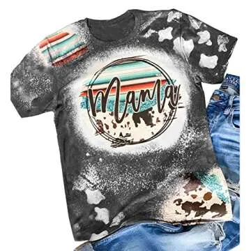Western Mom Bleached T-Shirt Women Cowgirl Rodeo Mama Shirt Mother's Day Mommy Gift Tops (L, As Show...