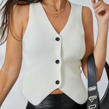 Women Knit Vest Top Y2k V Neck Sleeveless Button Up Crochet Going Out Tops Fashion Streetwear White S