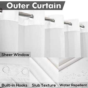 Extra Long No Hook Slub Textured Shower Curtain with Snap-in PEVA Liner Set - 71" x 98"(96"), Hotel Style with See Through Top Window, Fabric Curtain & Waterproof Liner, White, 71x98