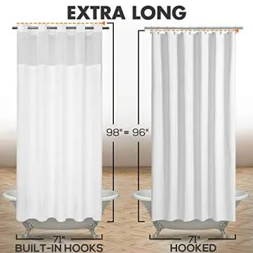 Extra Long No Hook Slub Textured Shower Curtain with Snap-in PEVA Liner Set - 71" x 98"(96"), Hotel Style with See Through Top Window, Fabric Curtain & Waterproof Liner, White, 71x98