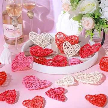 Geosar 24 Pcs 5inch/4inch/3inch Valentine‘s Day Heart Shaped Rattan Balls Valentine‘s Day Bowl Vase Fillers Potpo 4 Colors for Wedding DIY Craft Table Centerpieces Home Decor(4 Inch + 3 Inch,Rattan)