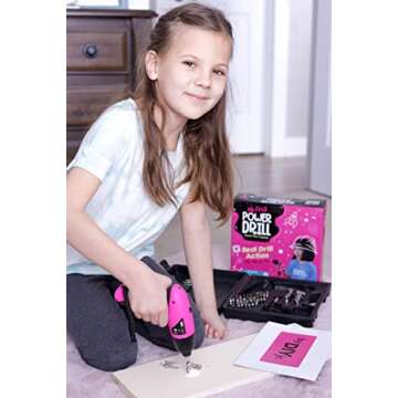 DIY jr. My First Power Drill - 60-Piece Working Tool Set for Girls - Rechargeable Cordless Pink Dril...