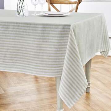 Elegant and Handcrafted Solino Home Stripe Linen Tablecloth - Sage and White 60 x 120 Inch