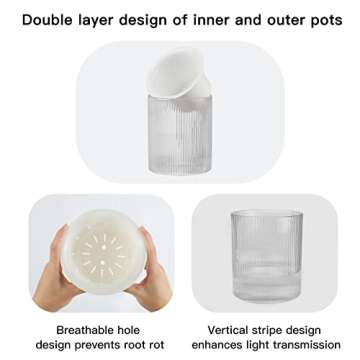 Llanguagebasin Self Watering Planter,Indoor Plants Pots for 4 Inch,2 Pack Clear White Plastic Flower Pot with Wick Rope,Home Modern Cylindrical Ribbed Decorative Pot for African Violets, Orchid,Aloe.