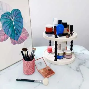Wlz 2 Tier Makeup Organizer, Skincare Make Up Storage Perfume Organizers Tray for Vanity Dresser Bathroom Counter, Cute Cosmetic Lotion Beauty Countertop Display Case (Round)