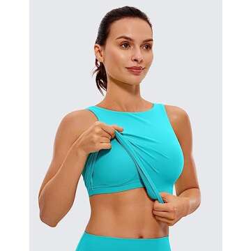 CRZ YOGA Butterluxe Womens High Neck Longline Sports Bra - U Back Padded Crop Workout Tank Top with Built in Pads (Neon) Spectral Blue Small