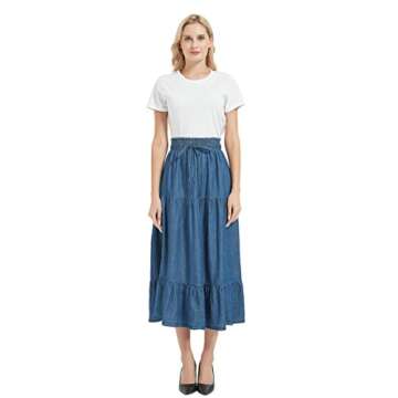 Tronjori Women's A Line Long Midi Denim Skirt with Pleated Layers
