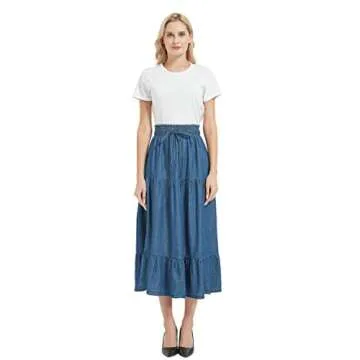 Tronjori Women's A Line Long Midi Denim Skirt with Pleated Layers