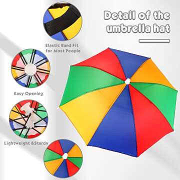 12 Pcs Rainbow Umbrella Hat for Adults and Kids 20 Inch Diameter Rainbow Adult Cap Colorful Summer Umbrella Hat with Elastic Band Waterproof Elastic Fishing Headwear for Sun Rain Beach Party Favors
