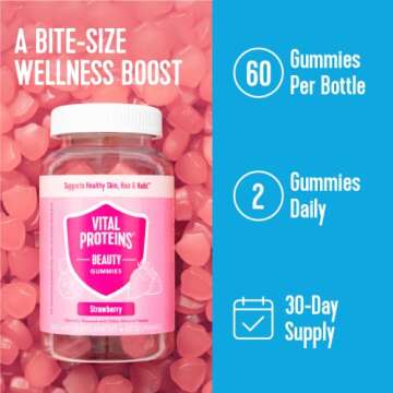 Vital Proteins Beauty Gummies, 2500mcg Biotin, Vitamin A, Zinc Supplement, Helps Supporth Healthy Hair, Skin, and Nails, 60 ct, 30-Day Supply, Strawberry Flavor
