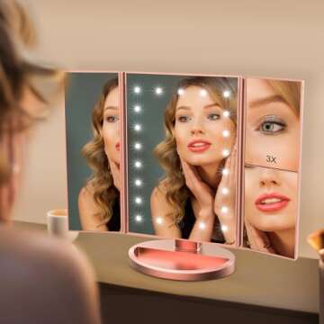 WEILY Lighted Vanity Makeup Mirror 1x/2x/3x Magnification Trifold with 21 LED Lights Touch Screen an...