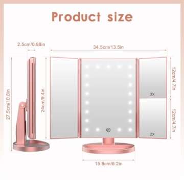 WEILY Lighted Vanity Makeup Mirror 1x/2x/3x Magnification Trifold with 21 LED Lights Touch Screen and USB Charging, 180 Degree Adjustable Stand for Countertop Cosmetic Makeup Mirror(Rose Gold)